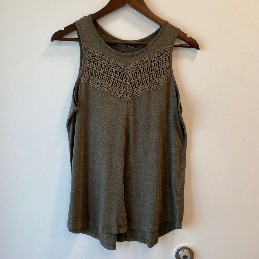 PrAna Tank Top Women M Green Crochet Lace Yoke Earthy Boho Sleeveless Indy Knit